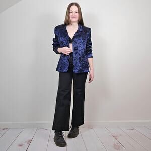 Vintage 90s Satin Velvet Floral Blazer Navy Black M/L